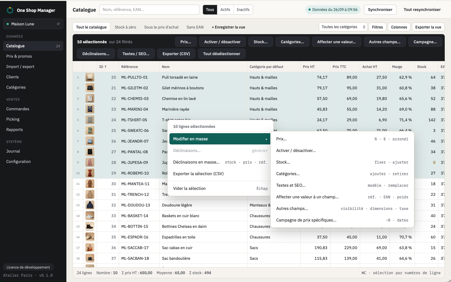 One Shop Manager : grille du catalogue